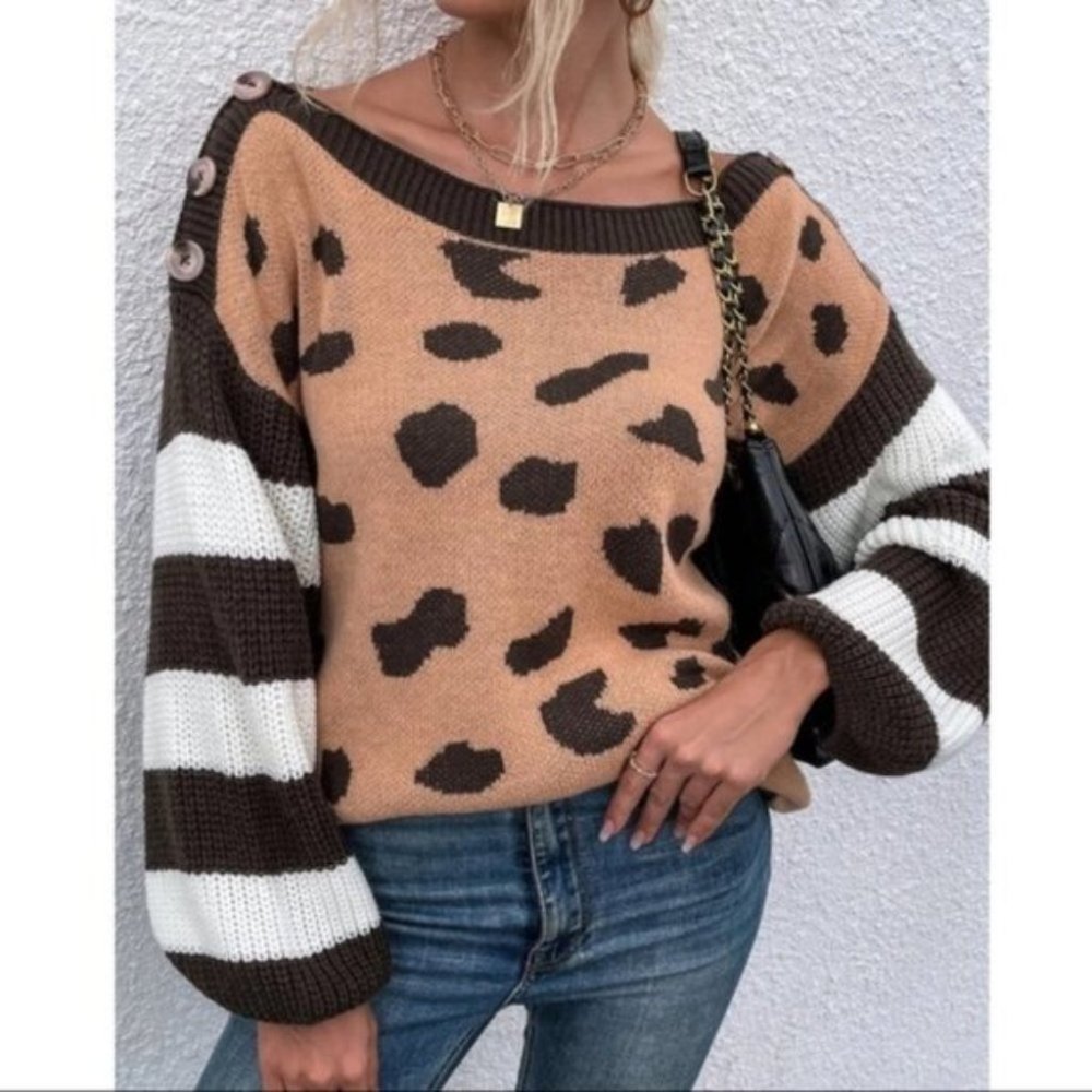 Contemporary Brown White Stripe Leopard Oversized - Picture 6 of 7